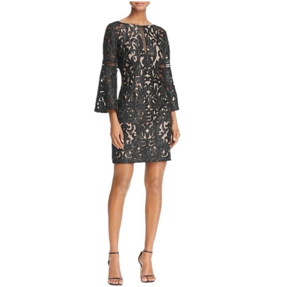 Aidan Mattox Black Lace Overlay Nude Mini Dress